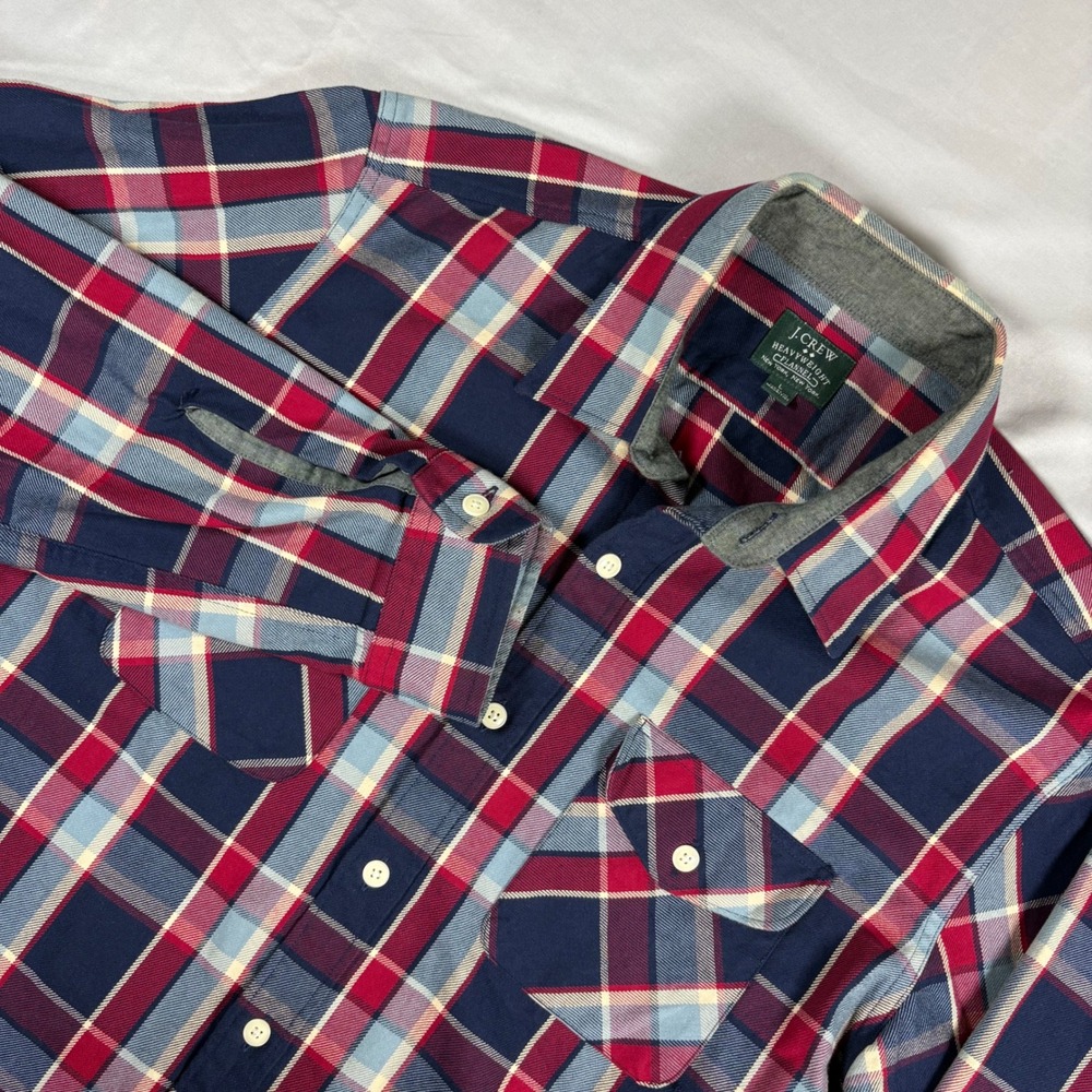 J.Crew Heavyweight Flannel Shirt Mens Large Navy Red Plaid Workwear 20638 HO14